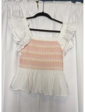 Marie Oliver Cotton Poplin Orange & While Smocked Ruffle Blouse Medium $128